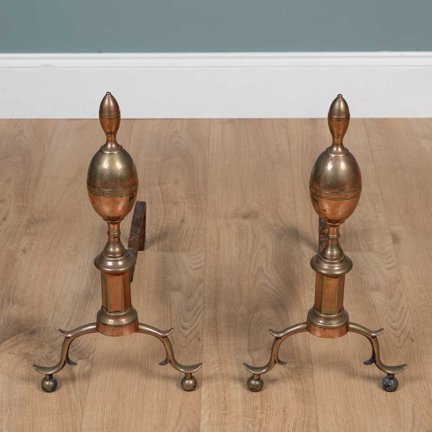 Lot 1283 - A pair of possibly Federal period, American, brass and wrought iron fire dogs