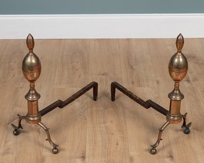 Lot 1283 - A pair of possibly Federal period, American, brass and wrought iron fire dogs