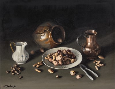 Lot 216 - J. Rosales (20th century) Still life - a plate...