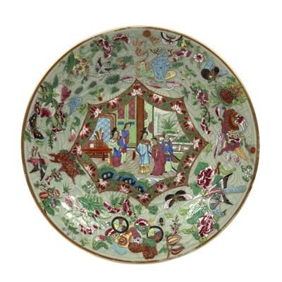 Lot 97 - Canton celadon and polychrome charger Chinese,...