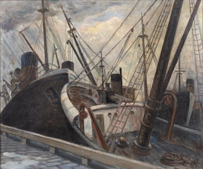 Lot 213 - Knopf (20th century) Fishing boats by a jetty,...