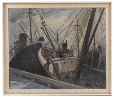 Lot 213 - Knopf (20th century) Fishing boats by a jetty,...