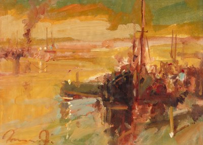 Lot 332 - Ken Moroney (1949-2018) Boats moored at sunset,...