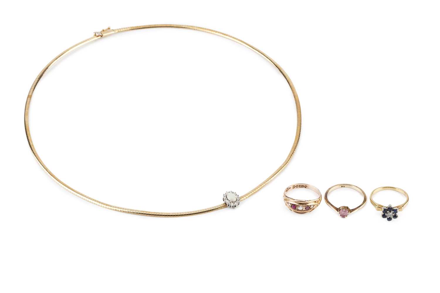 Lot 86 - An opal and diamond collar necklace, centred...