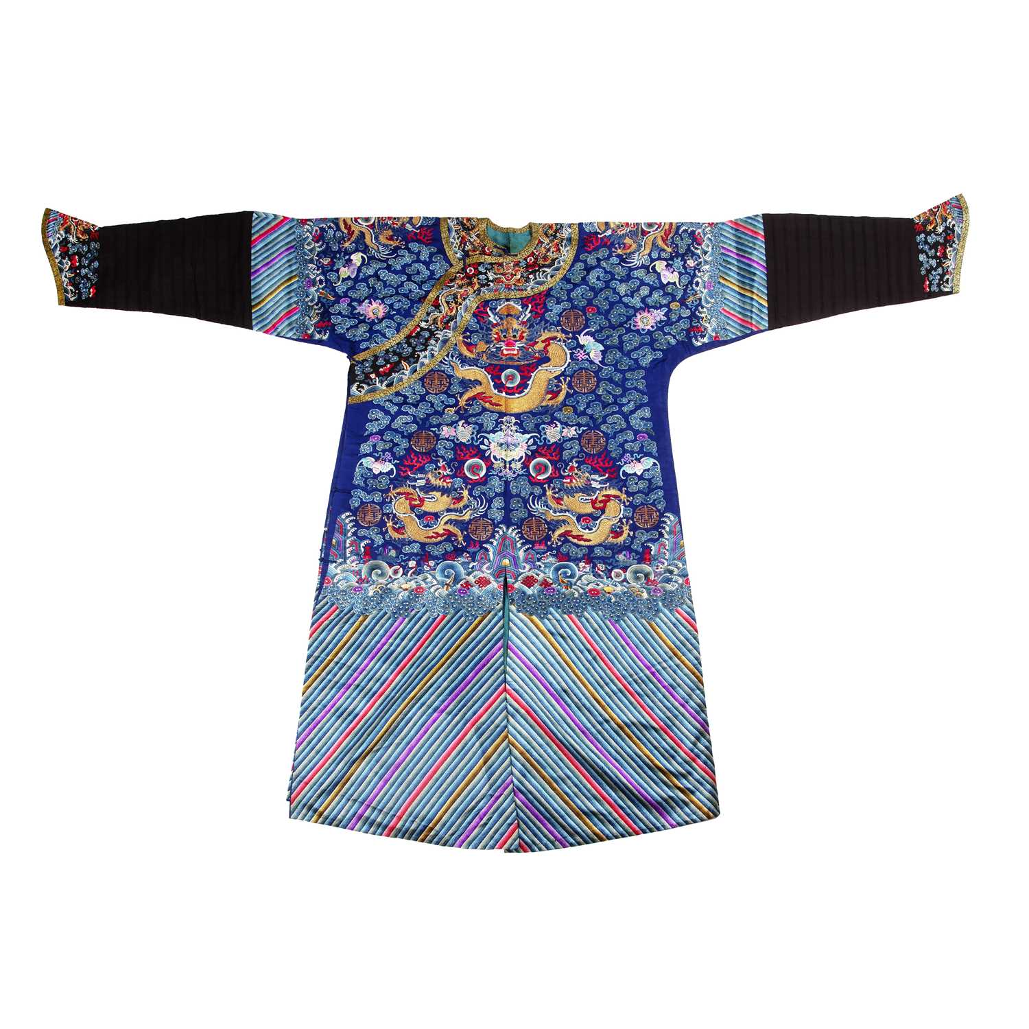 Lot 203 - Purple ground silk-embroidered ‘dragon’ robe,...