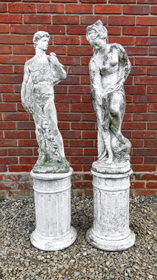 Lot 1367 - Two white painted cast reconstituted stone garden sculptures and plinths