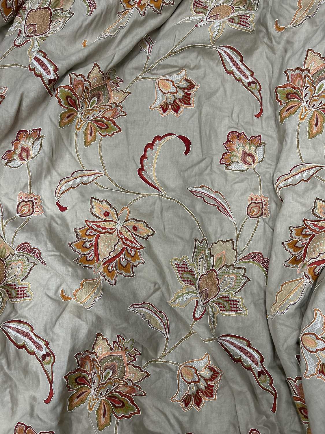 Lot 301 - A pair of large crewel work interlined curtains