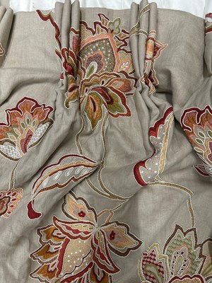 Lot 301 - A pair of large crewel work interlined curtains