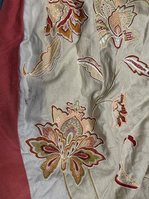 Lot 301 - A pair of large crewel work interlined curtains