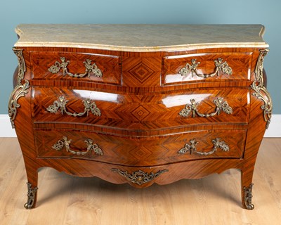 Lot 136 - A reproduction Louis XV-style kingwood marble-topped commode