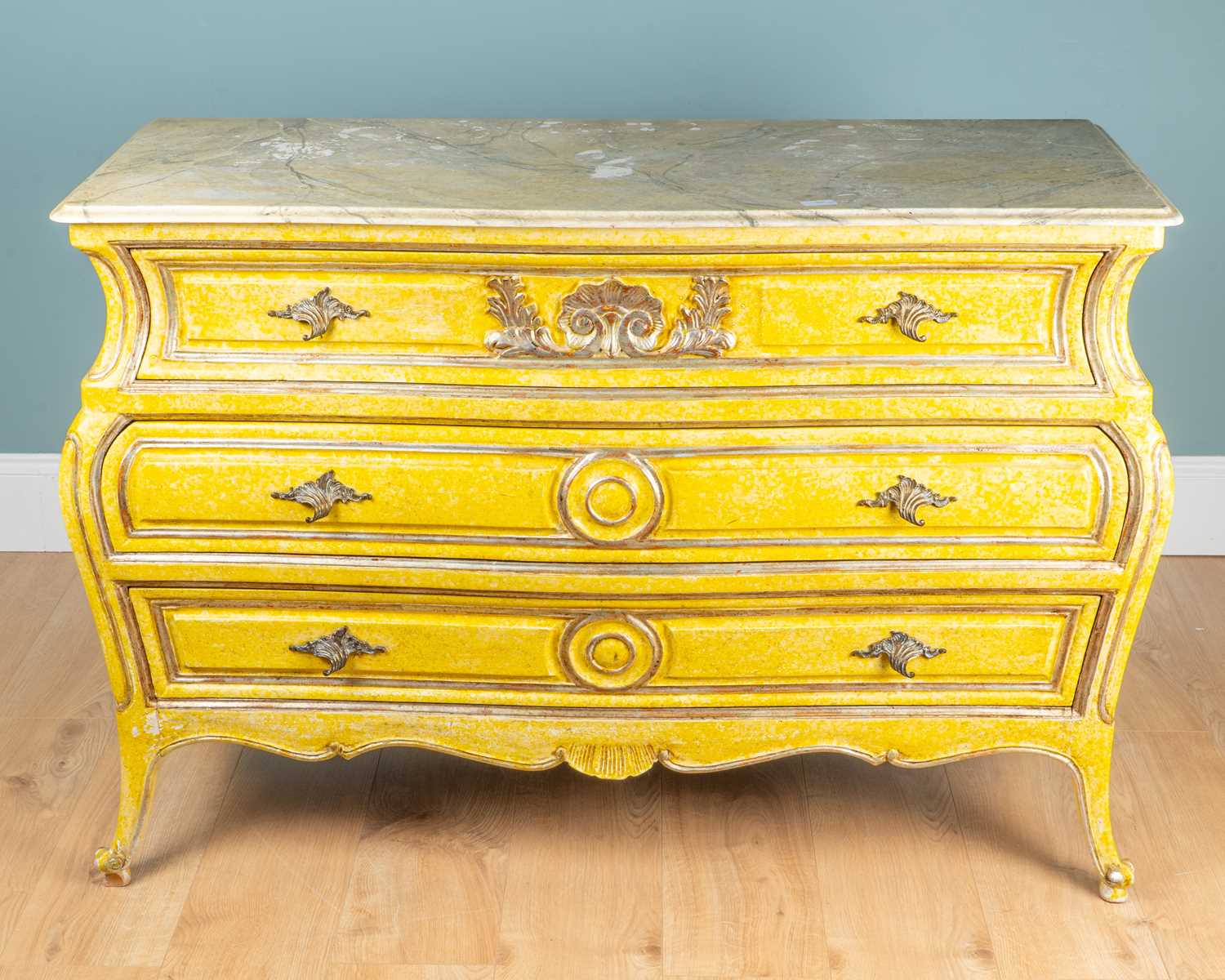Lot 115 - A French Louis XV-style yellow-painted commode