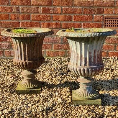 Lot 1431 - A pair of cast iron campana-style urns