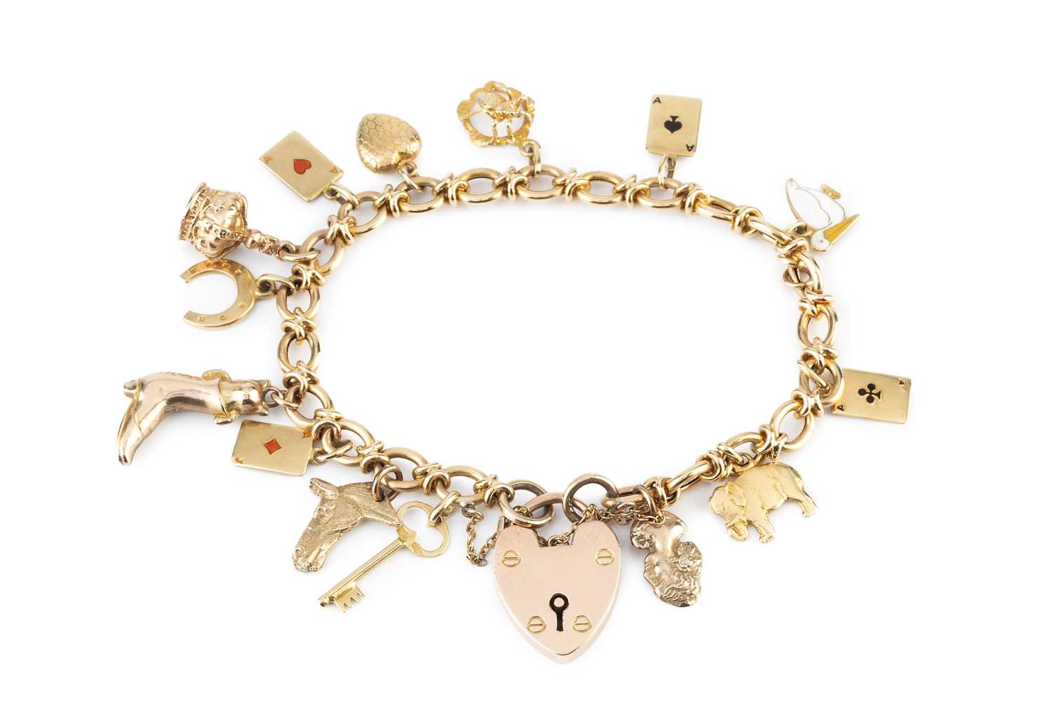 Lot 61 - A charm bracelet, the fancy-link bracelet with...