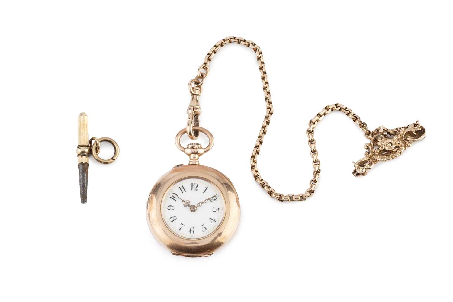 Lot 268 - An open face fob watch, the white enamel dial...
