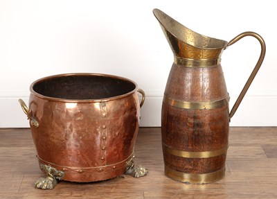 Lot 76 - Copper log-bin with brass handles and feet,...