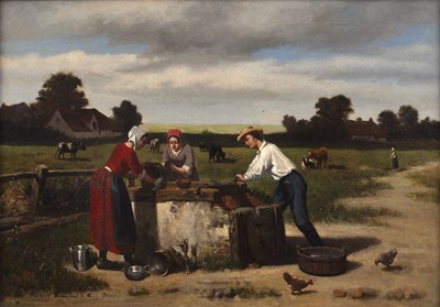 Lot 462 - Gustave Brunfaut (act. c.1880) Dutch farmhands...