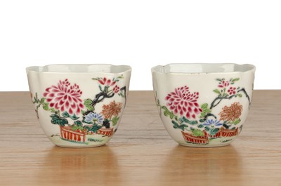 Lot 62 - Pair of famille rose fluted cups Chinese, late...