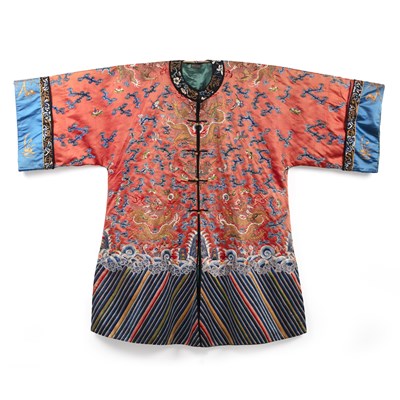 Lot 201 - Coral-red ground silk-embroidered 'dragon'...