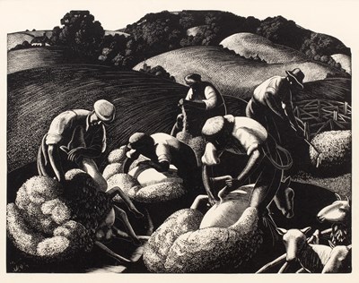 Lot 41 - Clare Leighton 'May, Sheep Shearing', wood...