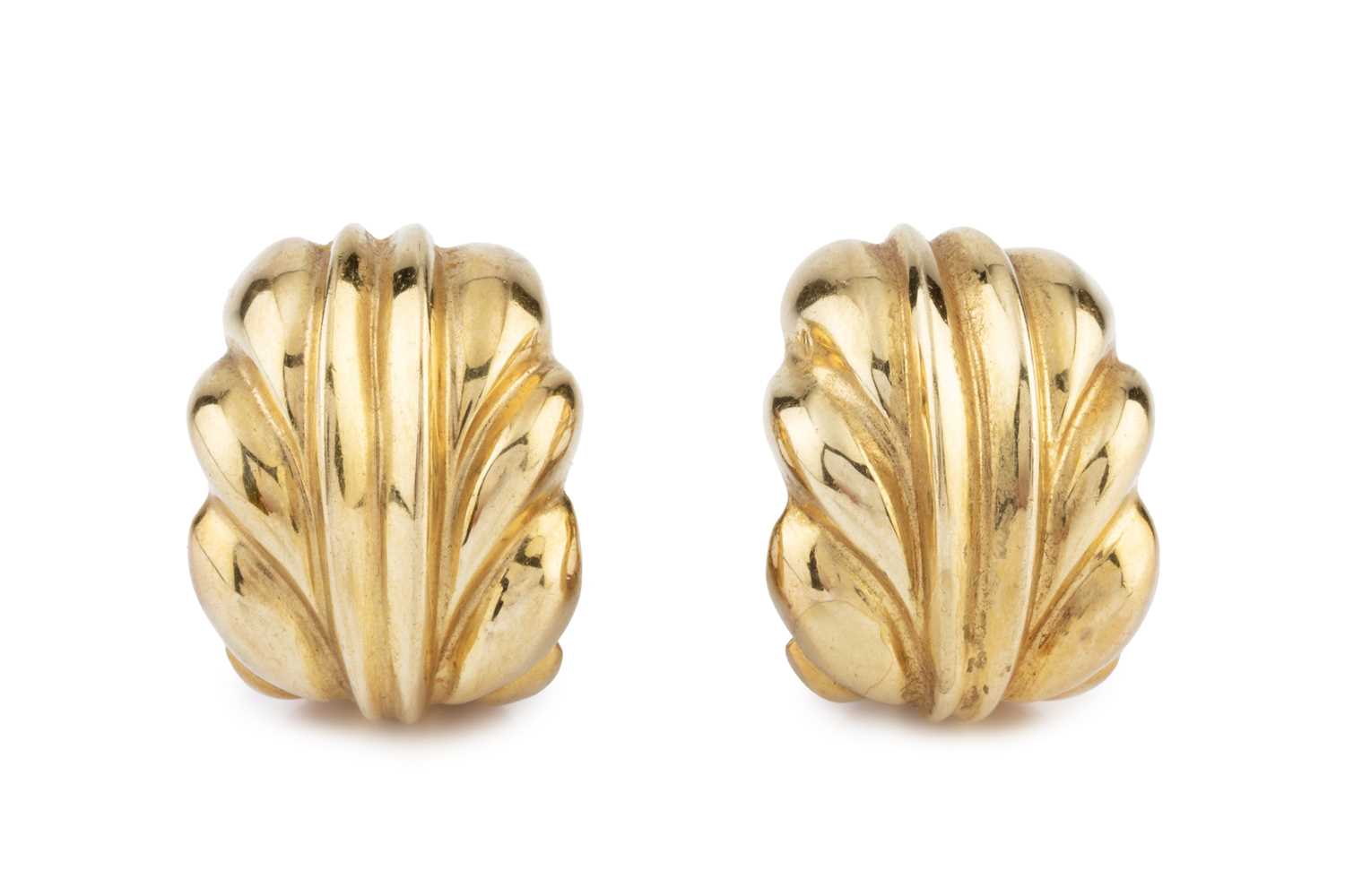 Lot 56 - A pair of 18ct gold earrings, of leaf design,...