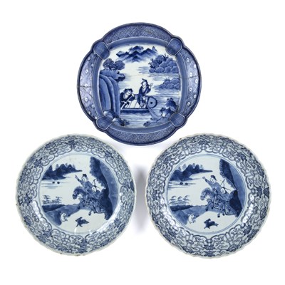 Lot 13 - Pair of blue and white lobed dishes Japanese,...