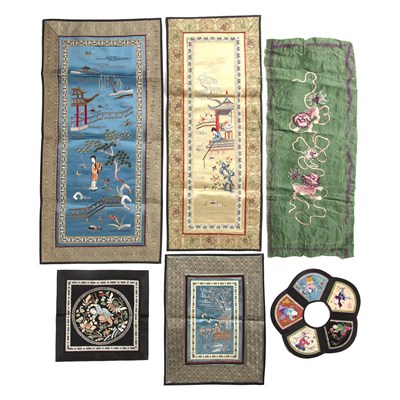 Lot 213 - Five unframed silk and embroidered panels...