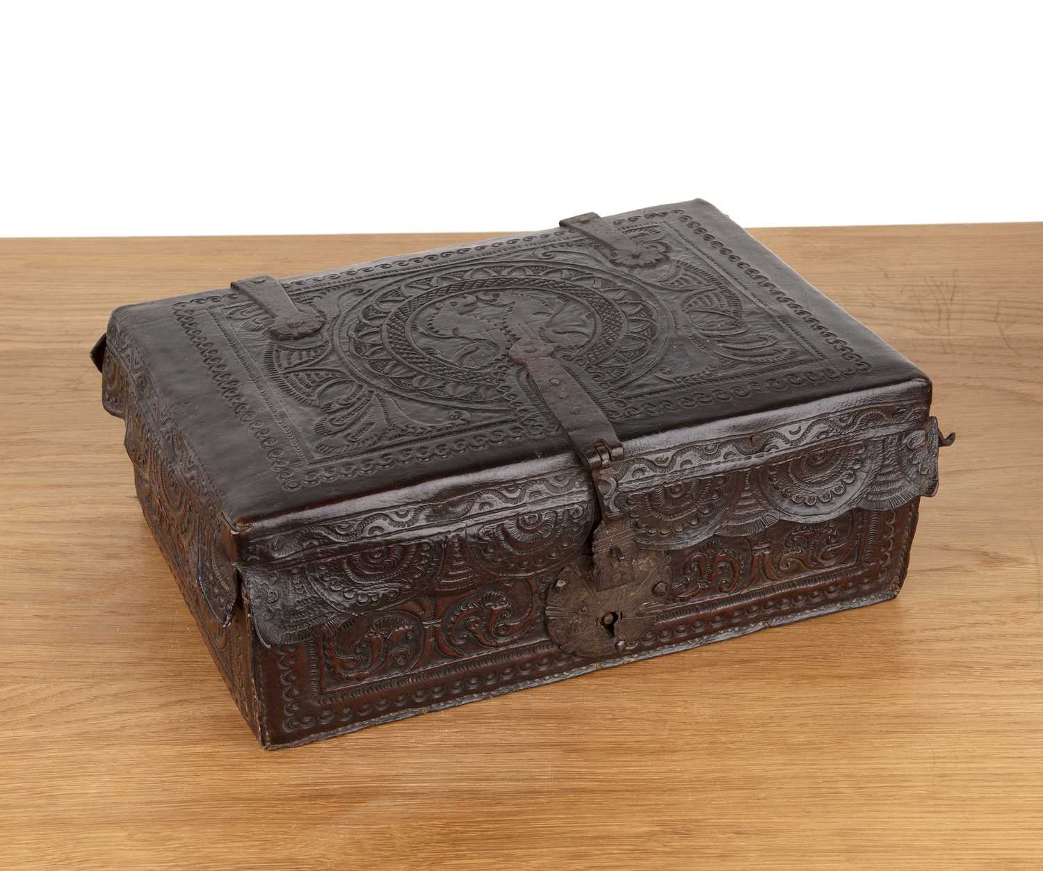 Lot 105 - Leather box 18th Century, possibly Spanish...