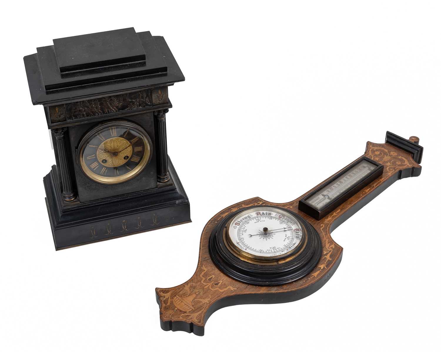 Lot 419 - A Victorian black slate mantel clock together with an aneroid barometer