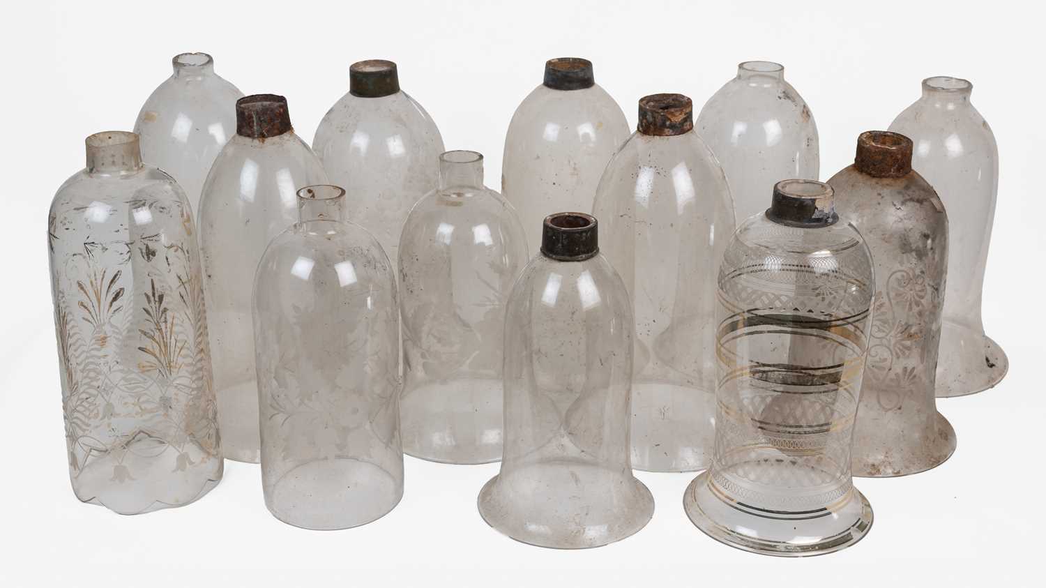 Lot 451 - A collection of twenty glass storm lantern shades and three further glass light shades