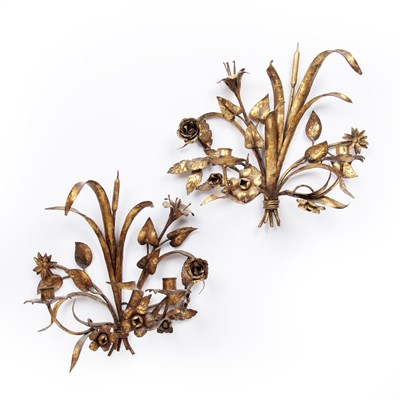 Lot 59 - A pair of gilded metal floral twin branch wall...