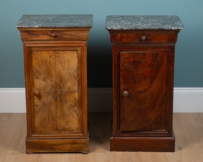 Lot 357 - A pair of French marble topped walnut bedside cabinets