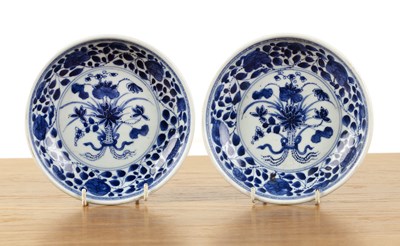 Lot 26 - Pair of blue and white ‘lotus bouquet’ dishes...