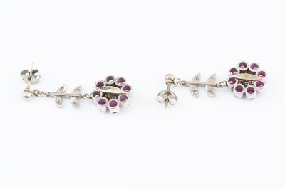 Lot 139 - A pair of ruby and diamond ear pendants, each...