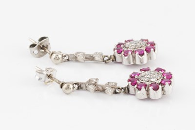 Lot 139 - A pair of ruby and diamond ear pendants, each...