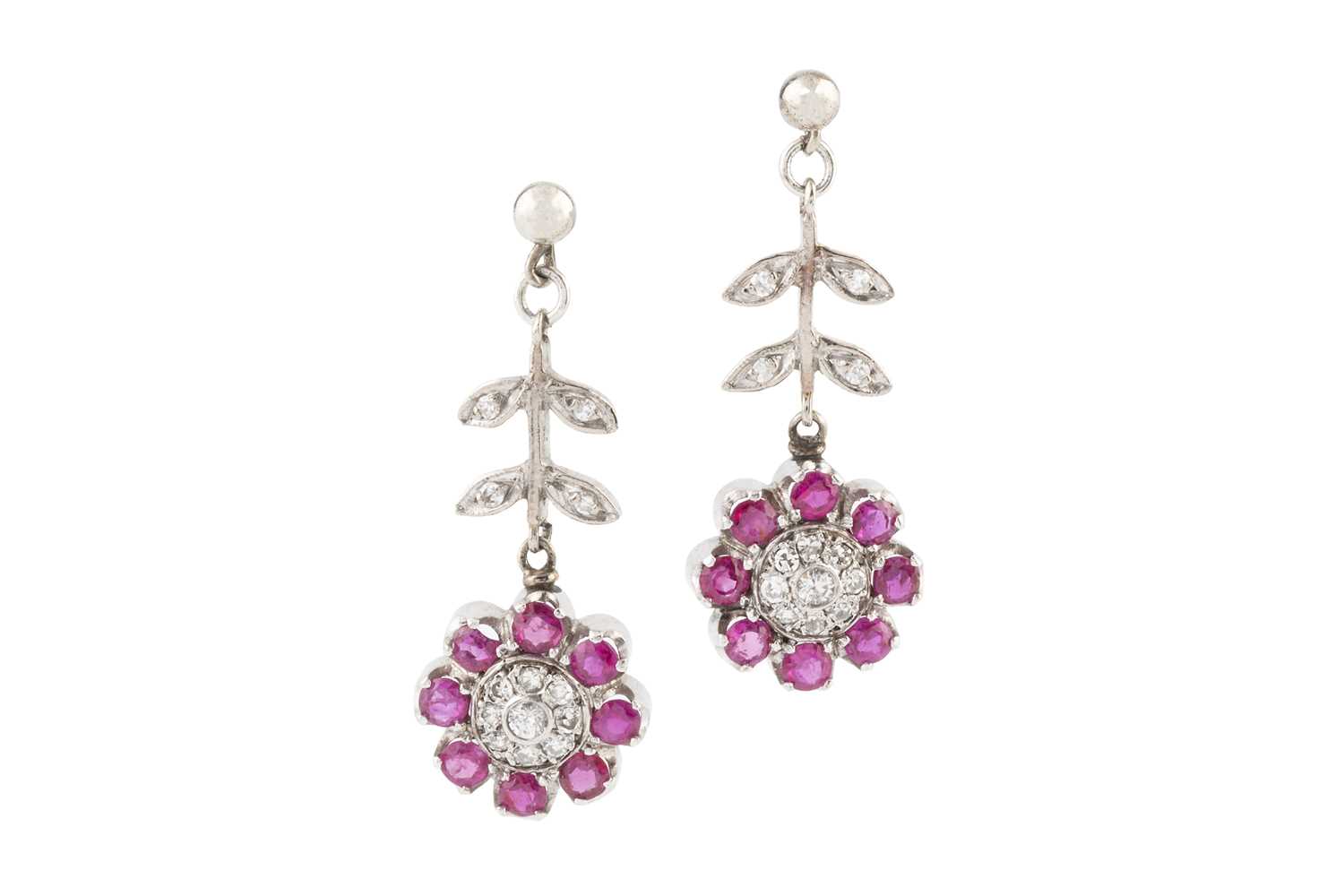 Lot 139 - A pair of ruby and diamond ear pendants, each...