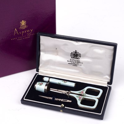 Lot 216 - Asprey of London silver and enamel sewing set,...