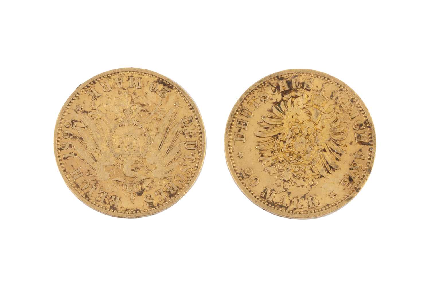 Lot 210 - A Wilhelm 20 Mark gold coin, dated 1875, and a...