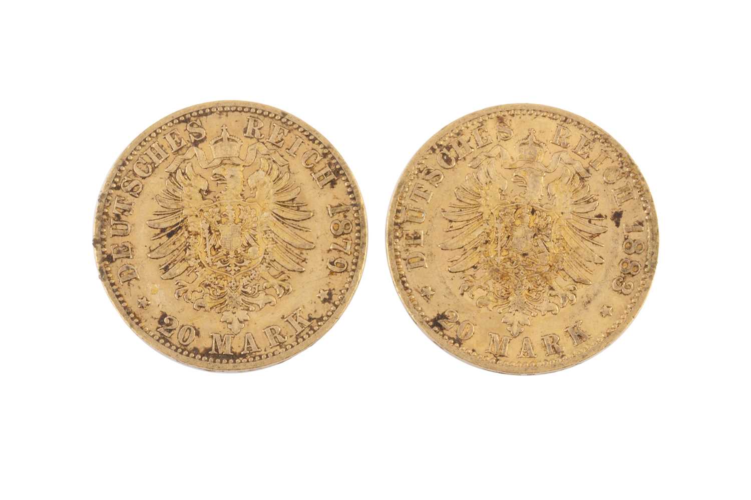 Lot 211 - Two Wilhelm 20 Mark gold coins, dated 1879 and...