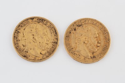 Lot 211 - Two Wilhelm 20 Mark gold coins, dated 1879 and...