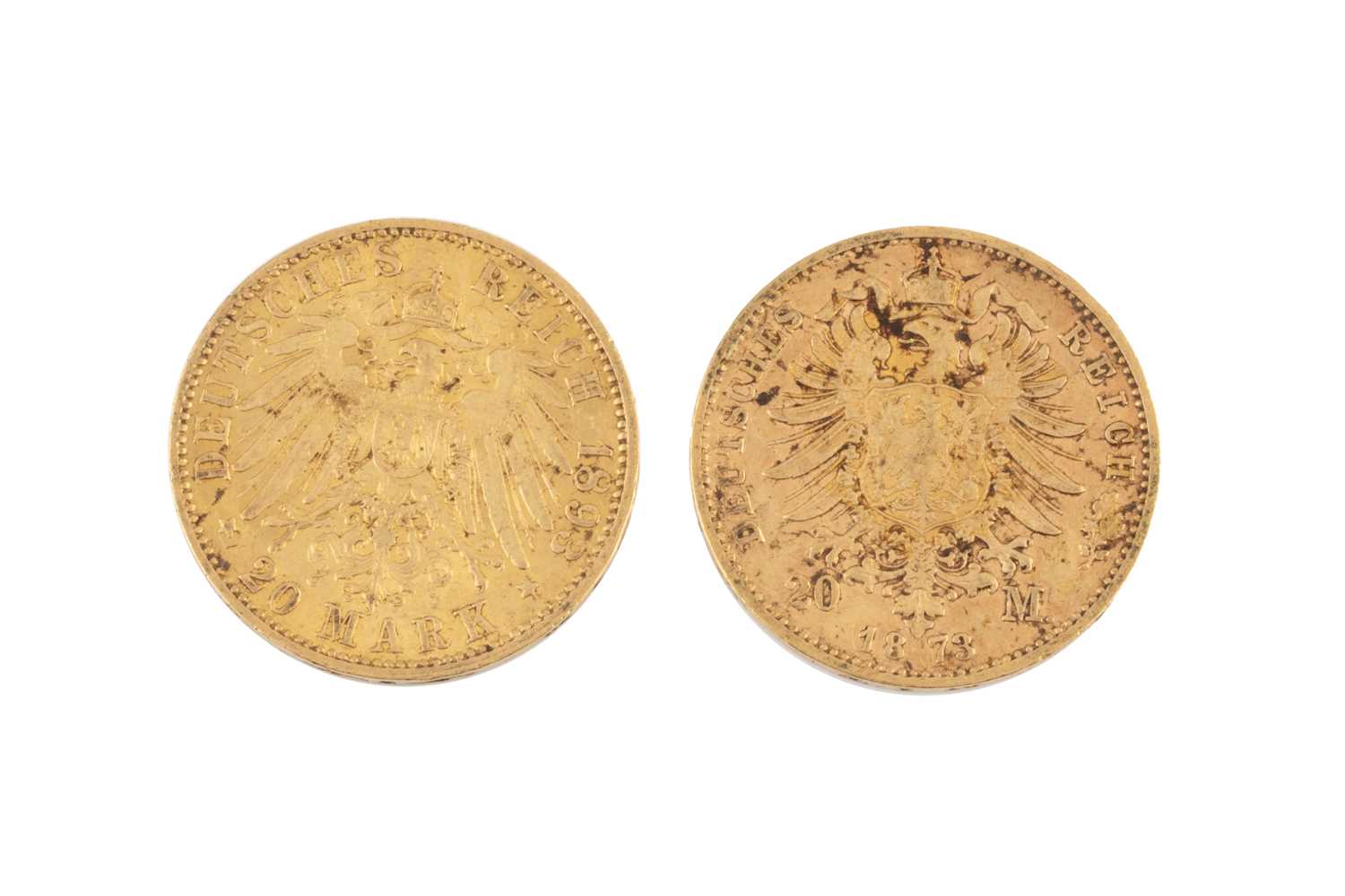 Lot 208 - A Wilhelm 20 Mark gold coin, dated 1873, and a...
