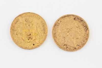 Lot 208 - A Wilhelm 20 Mark gold coin, dated 1873, and a...