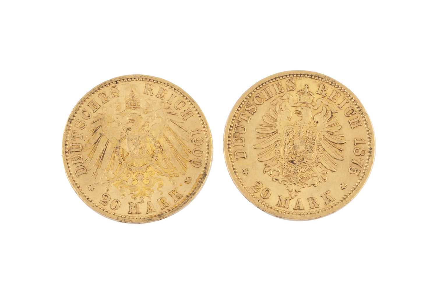 Lot 209 - A Wilhelm 20 Mark gold coin, dated 1875, and a...