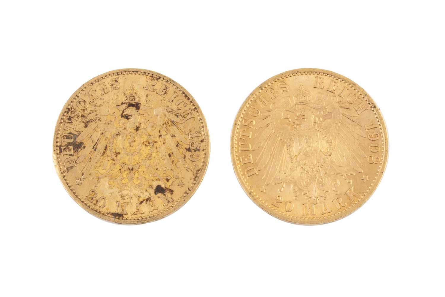 Lot 217 - Two Wilhelm II 20 Mark gold coins, dated 1897...