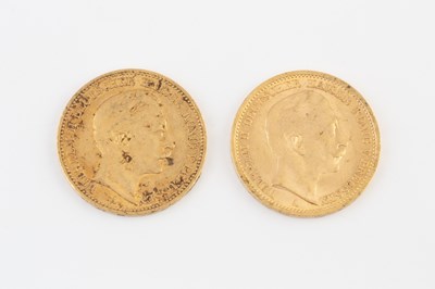 Lot 217 - Two Wilhelm II 20 Mark gold coins, dated 1897...