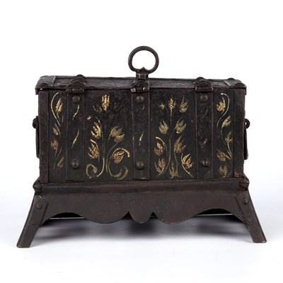 Lot 100 - A 17th century German iron casket, with strap...