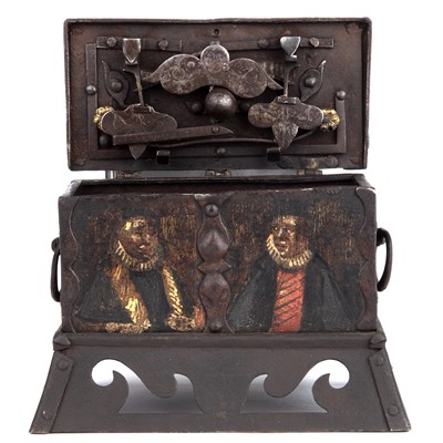 Lot 100 - A 17th century German iron casket, with strap...