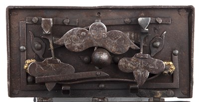 Lot 100 - A 17th century German iron casket, with strap...