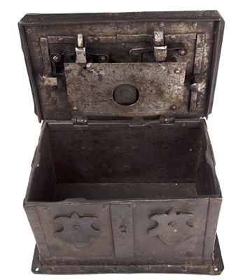 Lot 101 - An early 17th century German iron strong box...