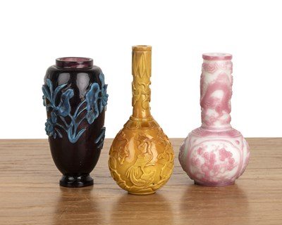 Lot 407 - Three Peking glass vases Chinese one a mottled...