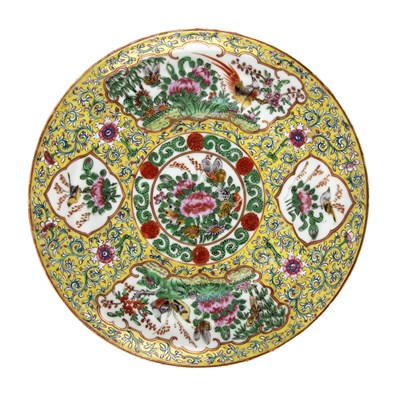 Lot 170 - A Chinese famille jaune dish with flowers and...